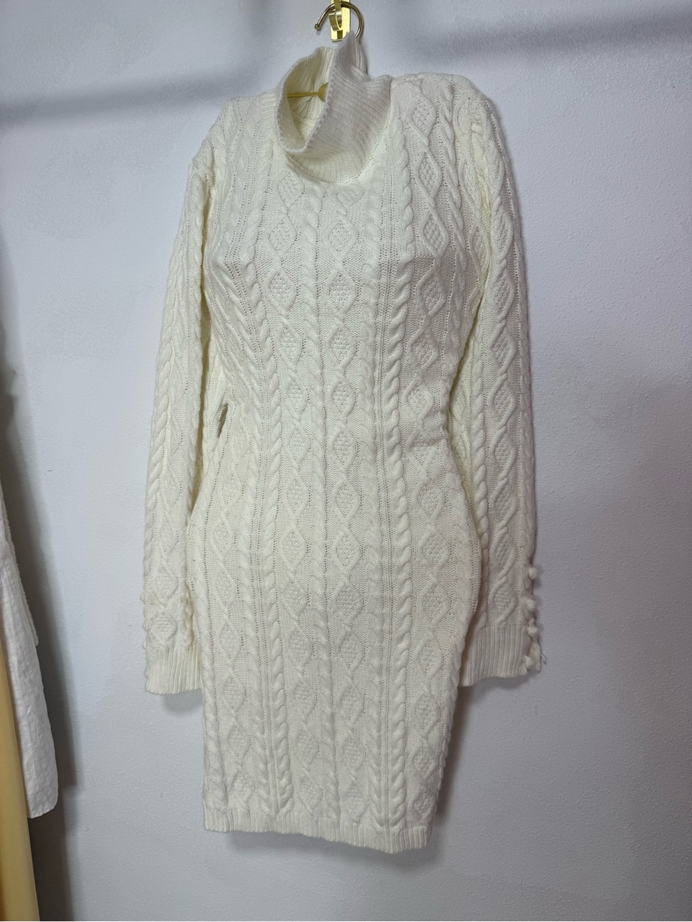 Ivory Cable-Knit Turtleneck Sweater Dress